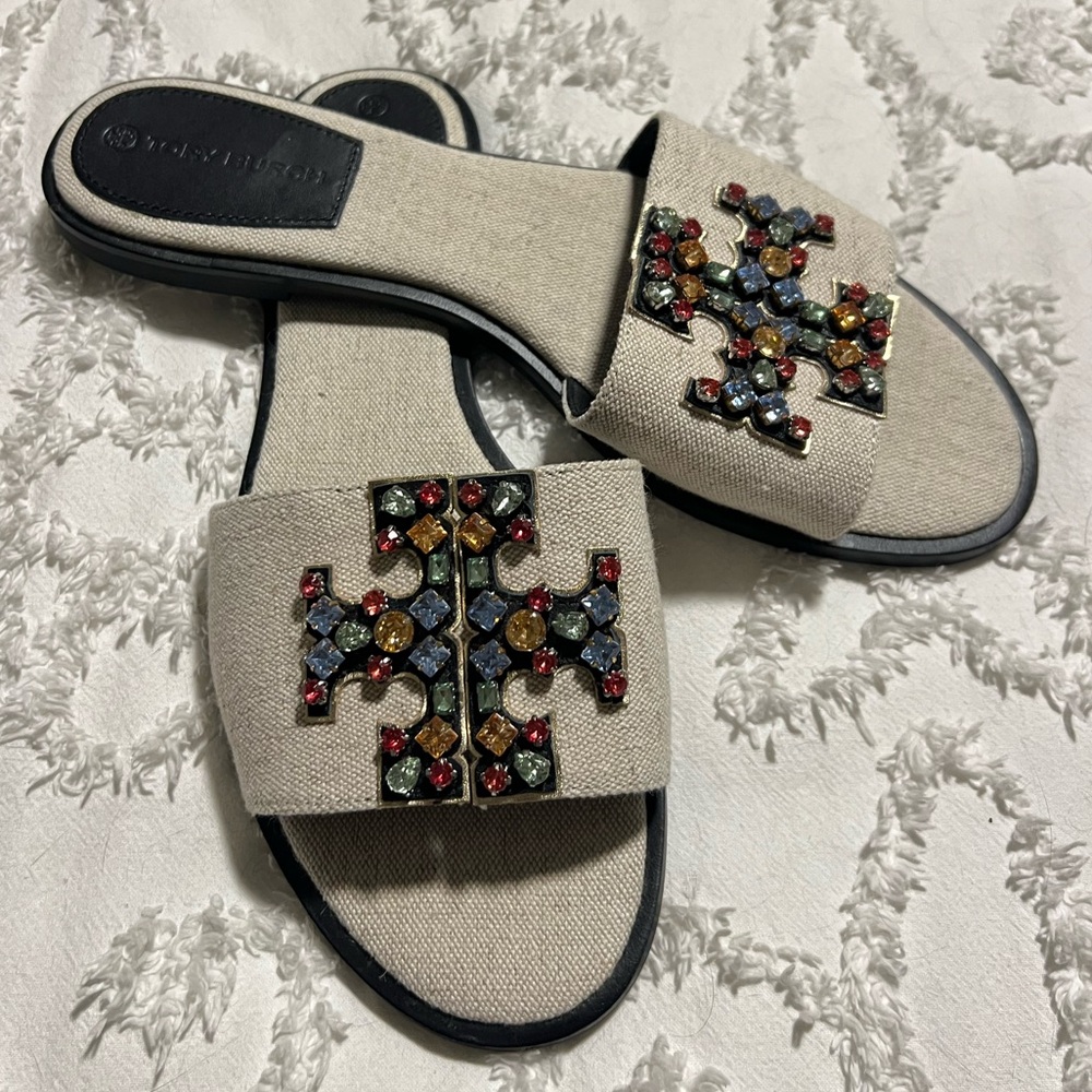 NWOT Tory Burch Ines jeweled linen sandals - Picture 3 of 6